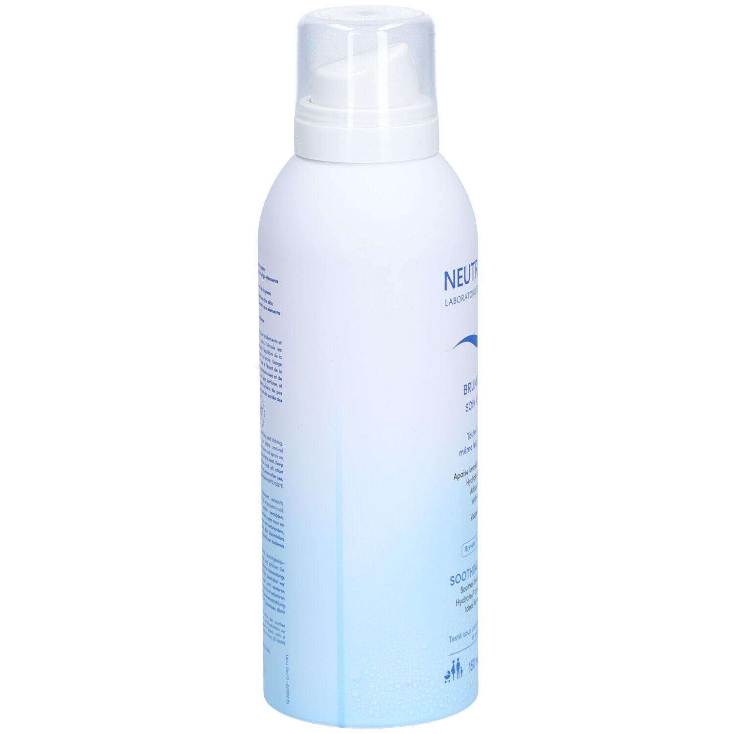 Weiße Sprühflasche, Seitenansicht. Produktname und Text teilweise sichtbar. Blaue Farbverläufe. Oberteil mit Sprühkopf.
