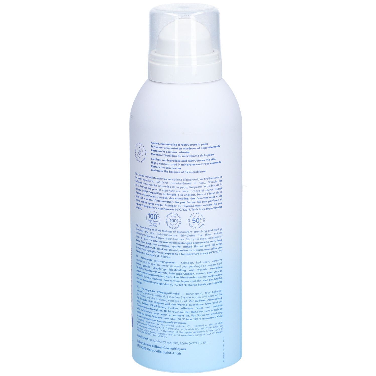 Rückseite der weißen Sprühflasche. Text in mehreren Sprachen. Blaue Farbverläufe. Logos und Zertifizierungen.