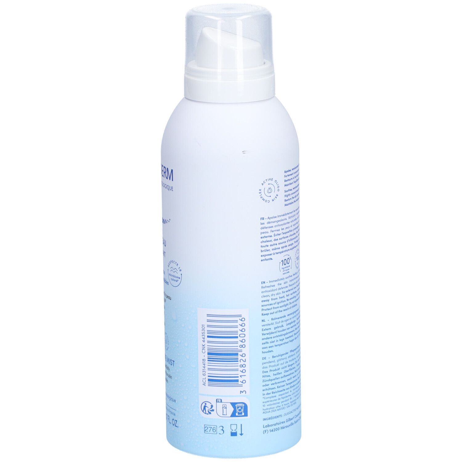 Rückseite der weißen Sprühflasche. Text in mehreren Sprachen. Blaue Farbverläufe. Barcode und Logos.