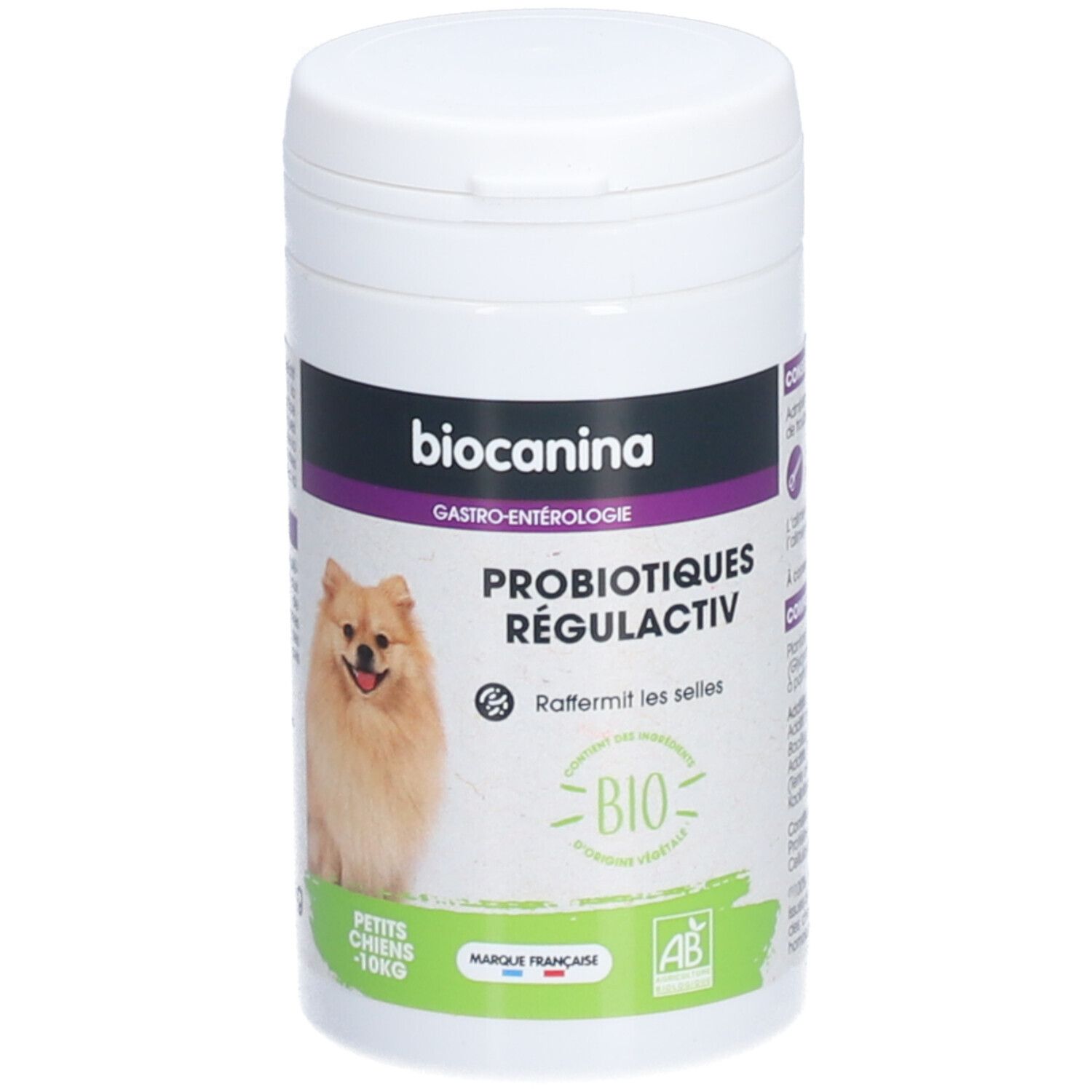 Boîte blanche avec impression du produit. Inscription : BIOCANINA, PROBIOTIQUES RÉGULACTIV. Label bio et chien.