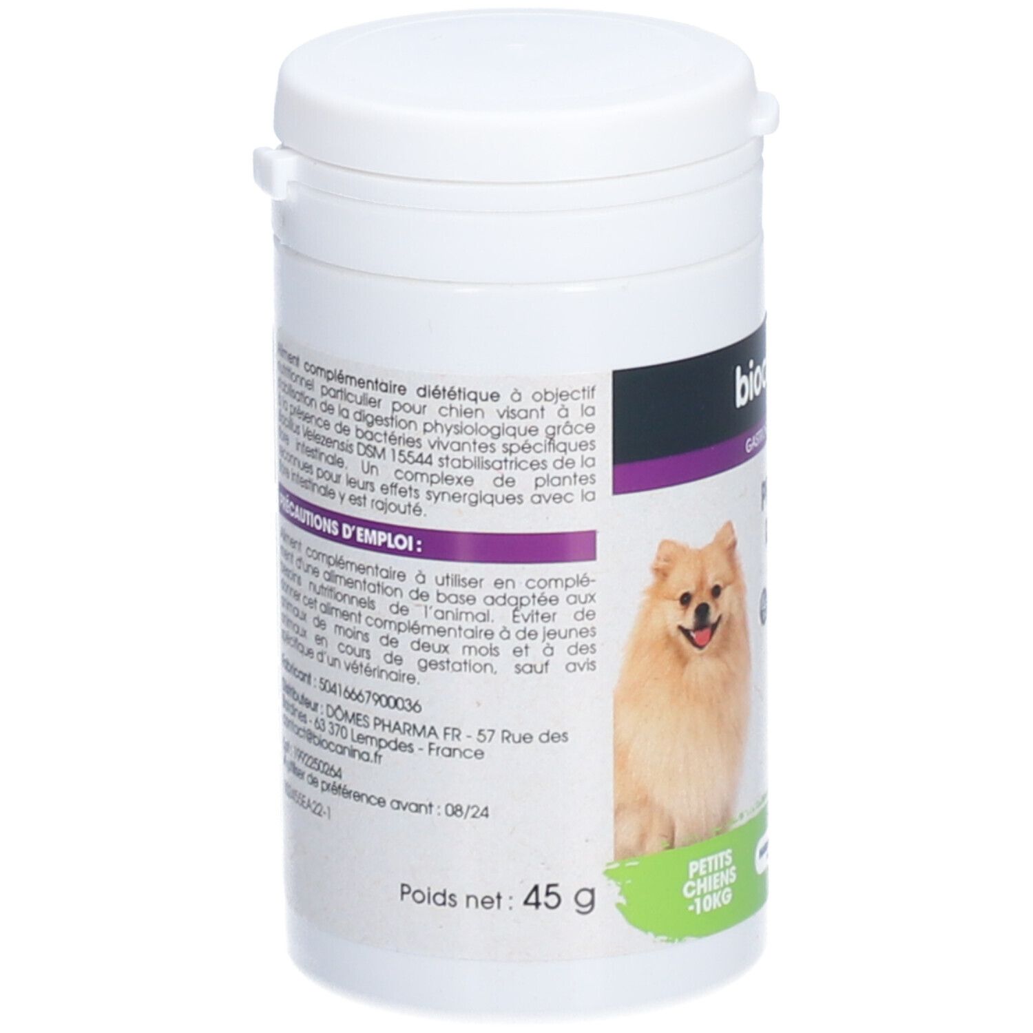 Boîte blanche avec informations produit. Inscription : BIOCANINA, PROBIOTIQUES RÉGULACTIV. Chien. Poids : 45 g.