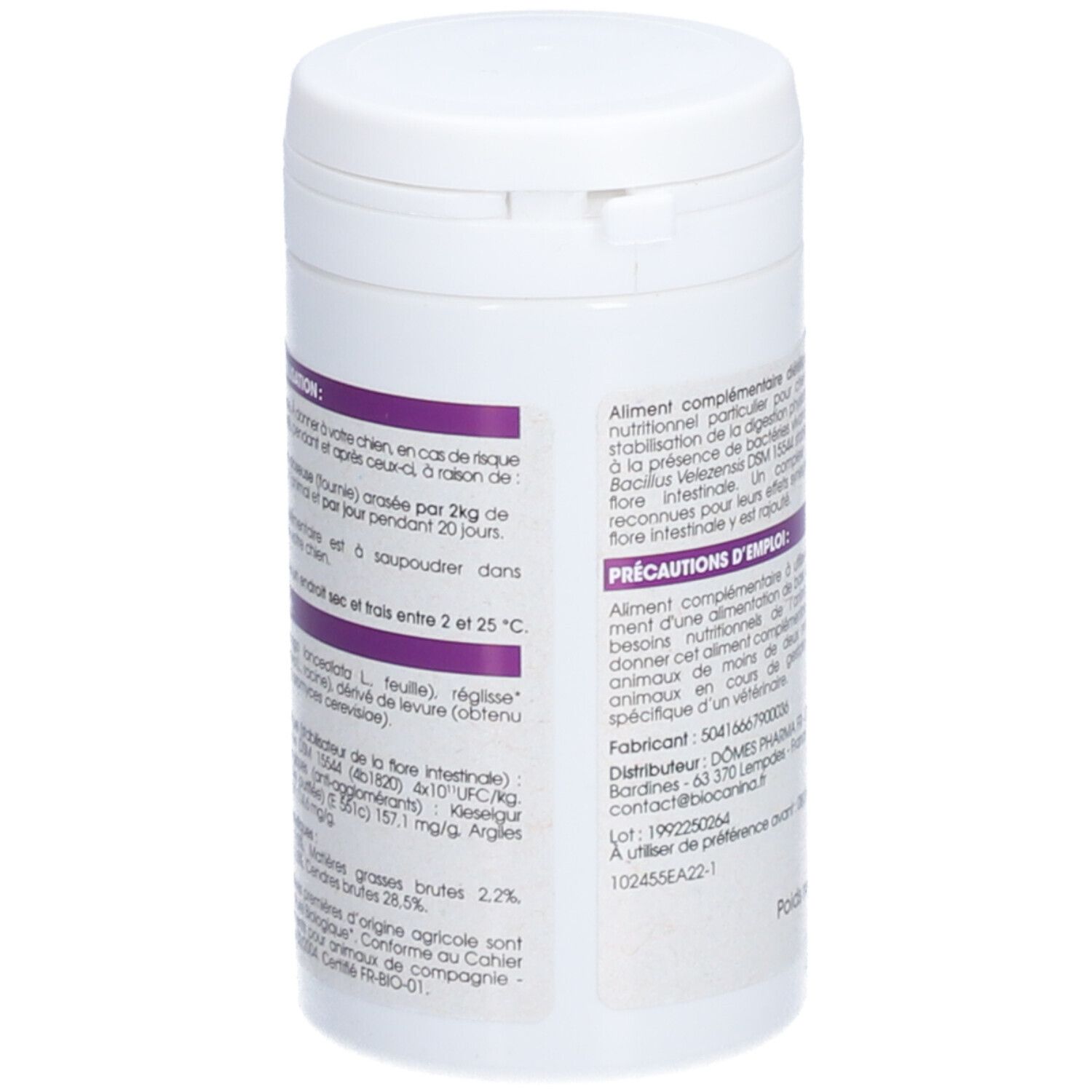 Boîte blanche avec informations produit. Inscription : BIOCANINA, PROBIOTIQUES RÉGULACTIV. Chien. Liste des ingrédients.