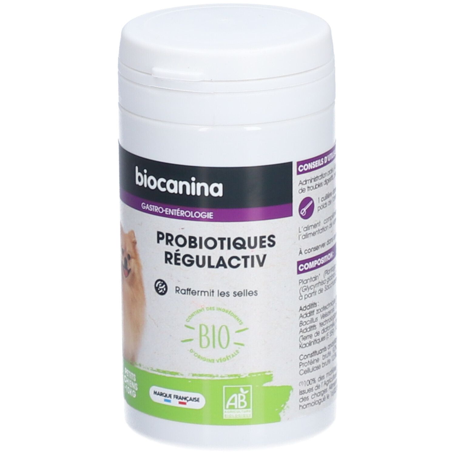 Boîte blanche avec impression du produit. Inscription : BIOCANINA, PROBIOTIQUES RÉGULACTIV. Label bio et chien.
