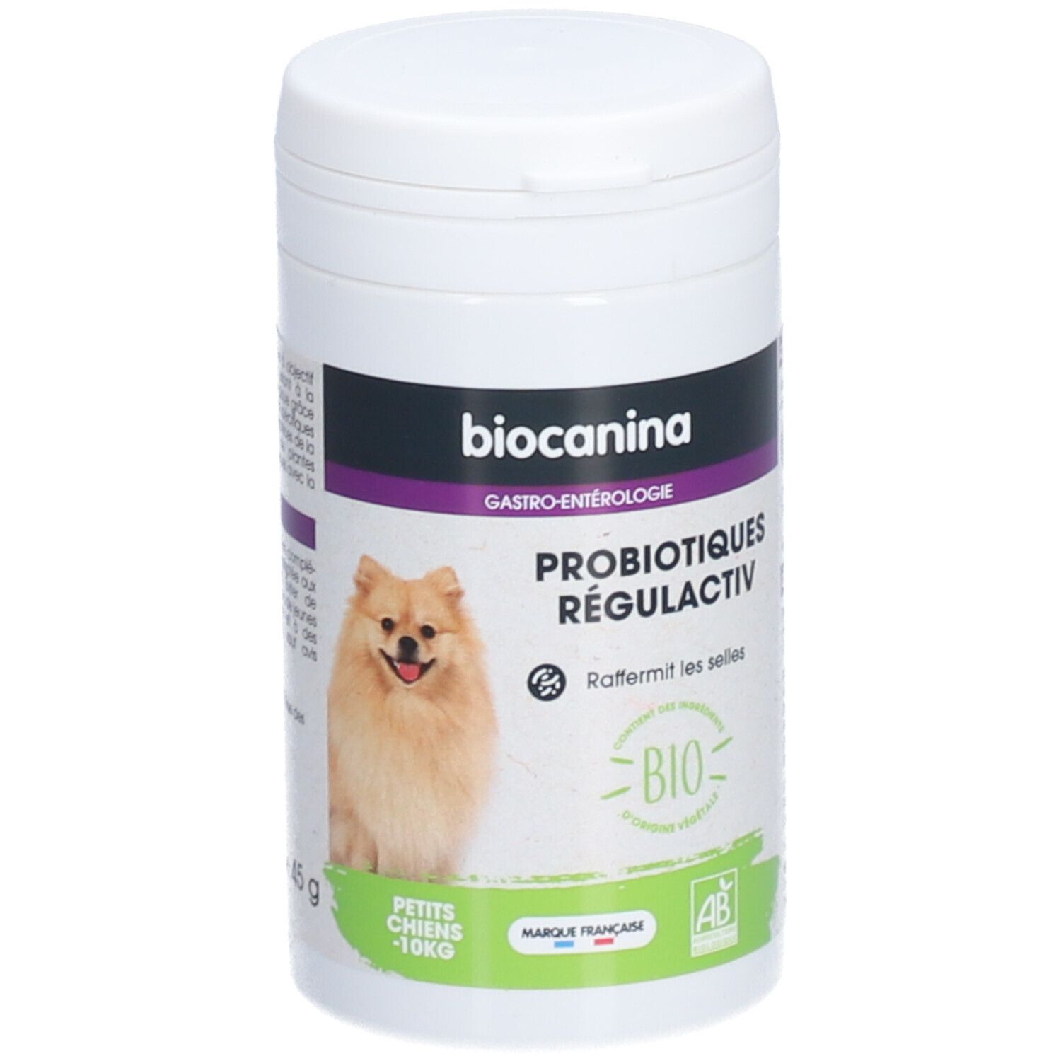 Boîte blanche avec impression du produit. Inscription : BIOCANINA, PROBIOTIQUES RÉGULACTIV. Label bio et chien.