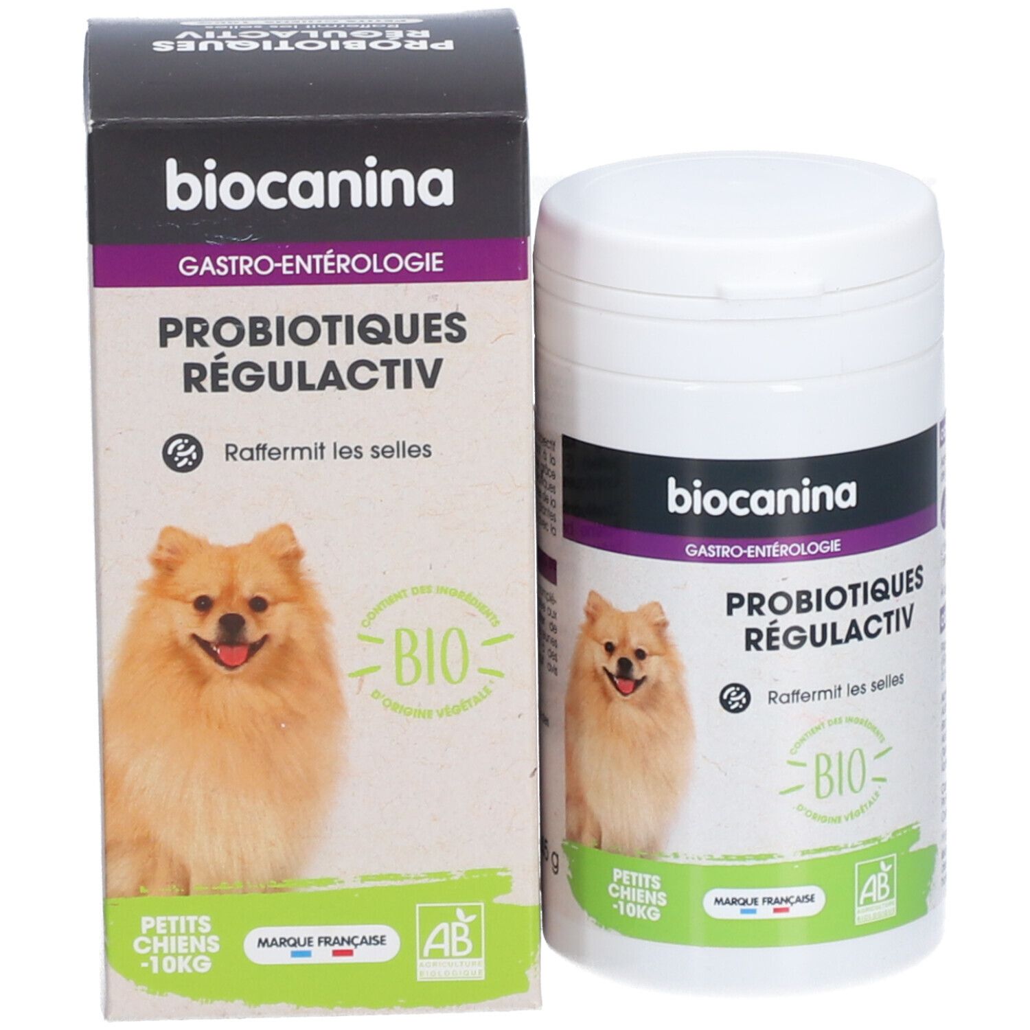 Emballage du produit : boîte et carton. Inscription : BIOCANINA, PROBIOTIQUES RÉGULACTIV. Label bio et chien.