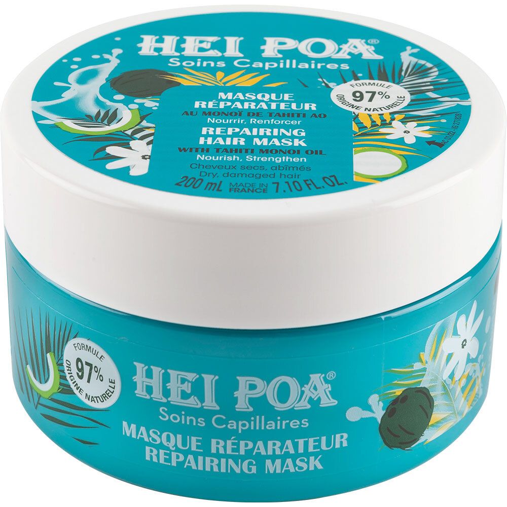 Pot turquoise et blanc avec logo HEI POA et nom du produit. Inscription : Masque Réparateur. 97% d'ingrédients naturels.