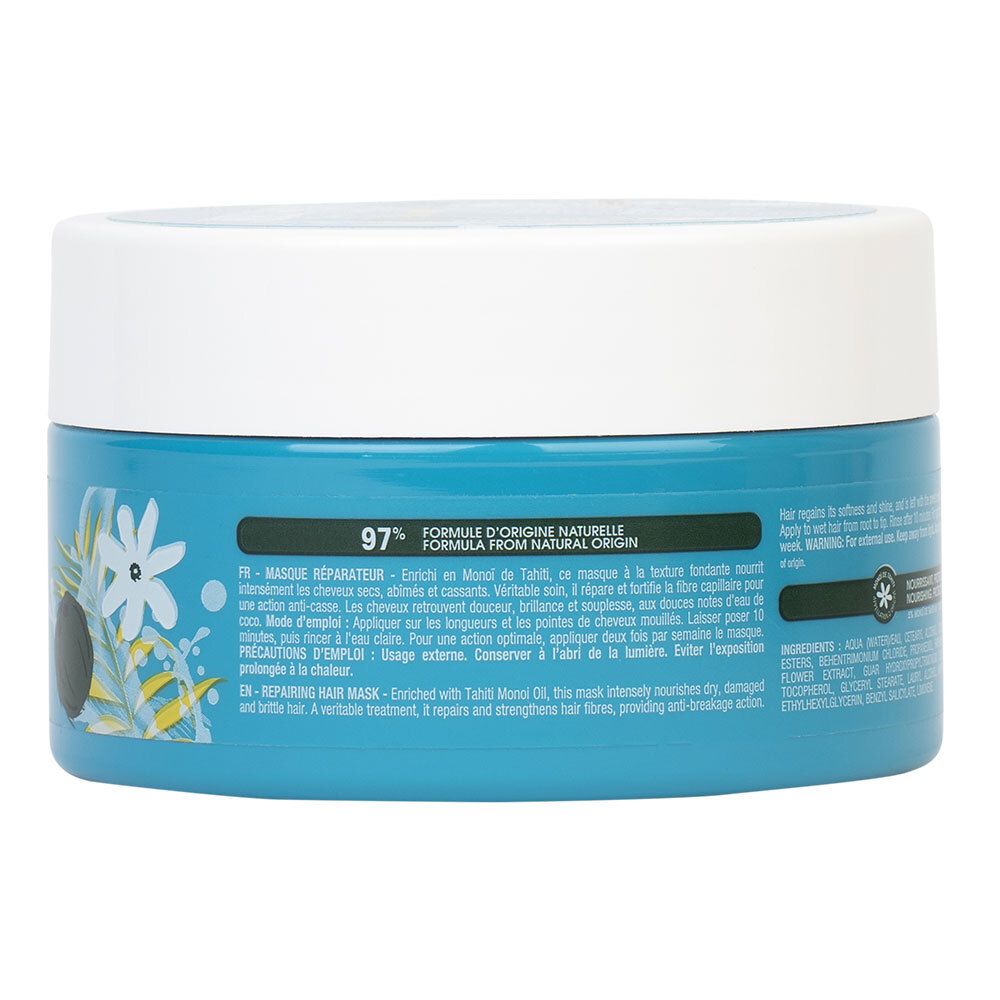 Dos du pot turquoise. Texte en français, avec informations sur les ingrédients et l'utilisation.