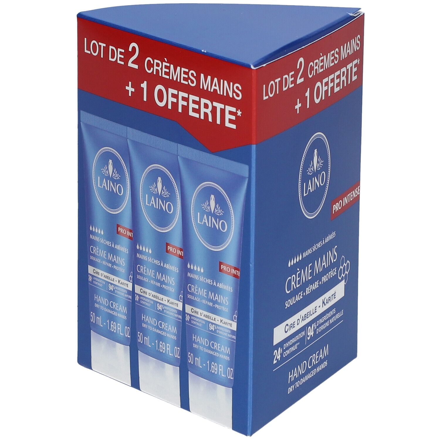 Boîte avec trois tubes de crème pour les mains. Tubes bleus avec logo LAINO. Texte: Crème Mains, Hand Cream. Boîte: LOT DE 2 + 1 OFFERTE.