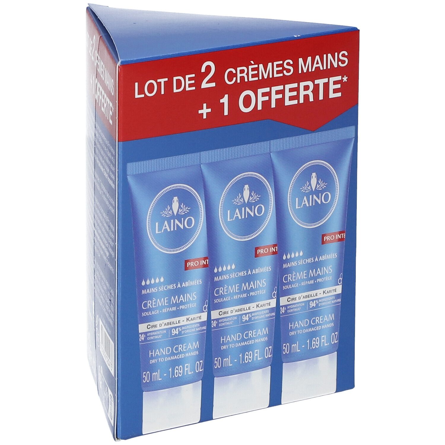 Boîte avec trois tubes de crème pour les mains. Tubes bleus avec logo LAINO. Texte: Crème Mains, Hand Cream. Boîte: LOT DE 2 + 1 OFFERTE.