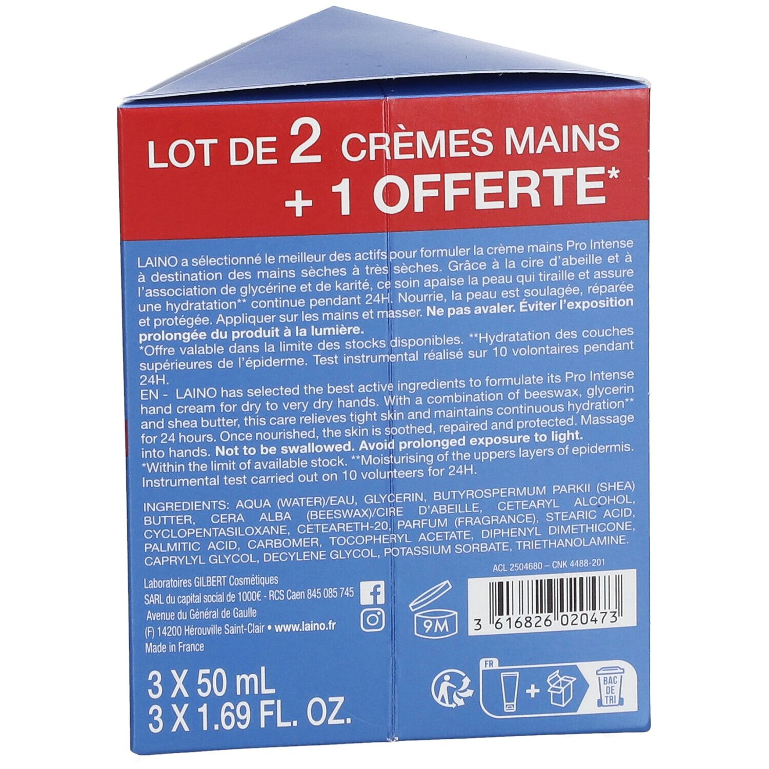 Dos de la boîte. Texte en français et anglais. Ingrédients, informations fabricant, logos et symboles.