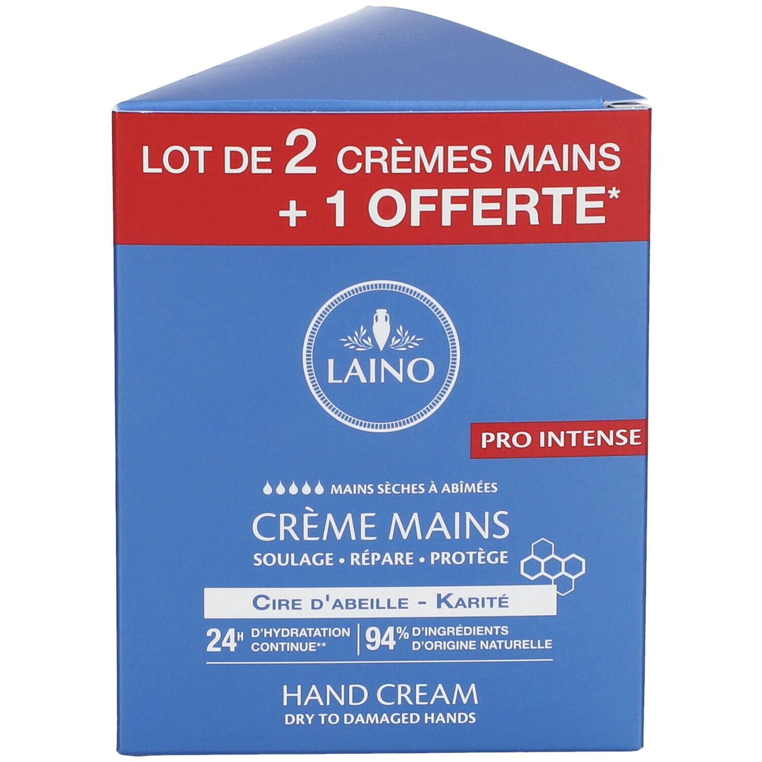 Boîte bleue triangulaire. Texte: LOT DE 2 + 1 OFFERTE, Crème Mains, Cire d'Abeille - Karité, Hand Cream. Logo LAINO.