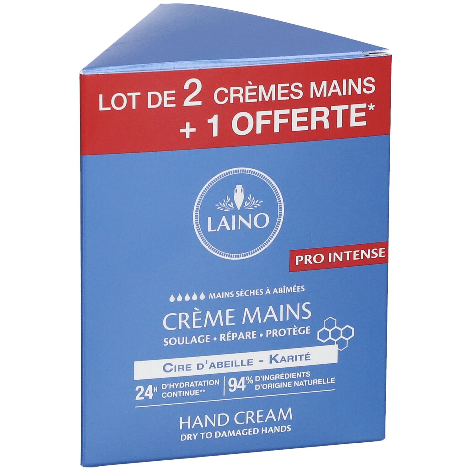 Boîte bleue triangulaire. Texte: LOT DE 2 + 1 OFFERTE, Crème Mains, Cire d'Abeille - Karité, Hand Cream. Logo LAINO.
