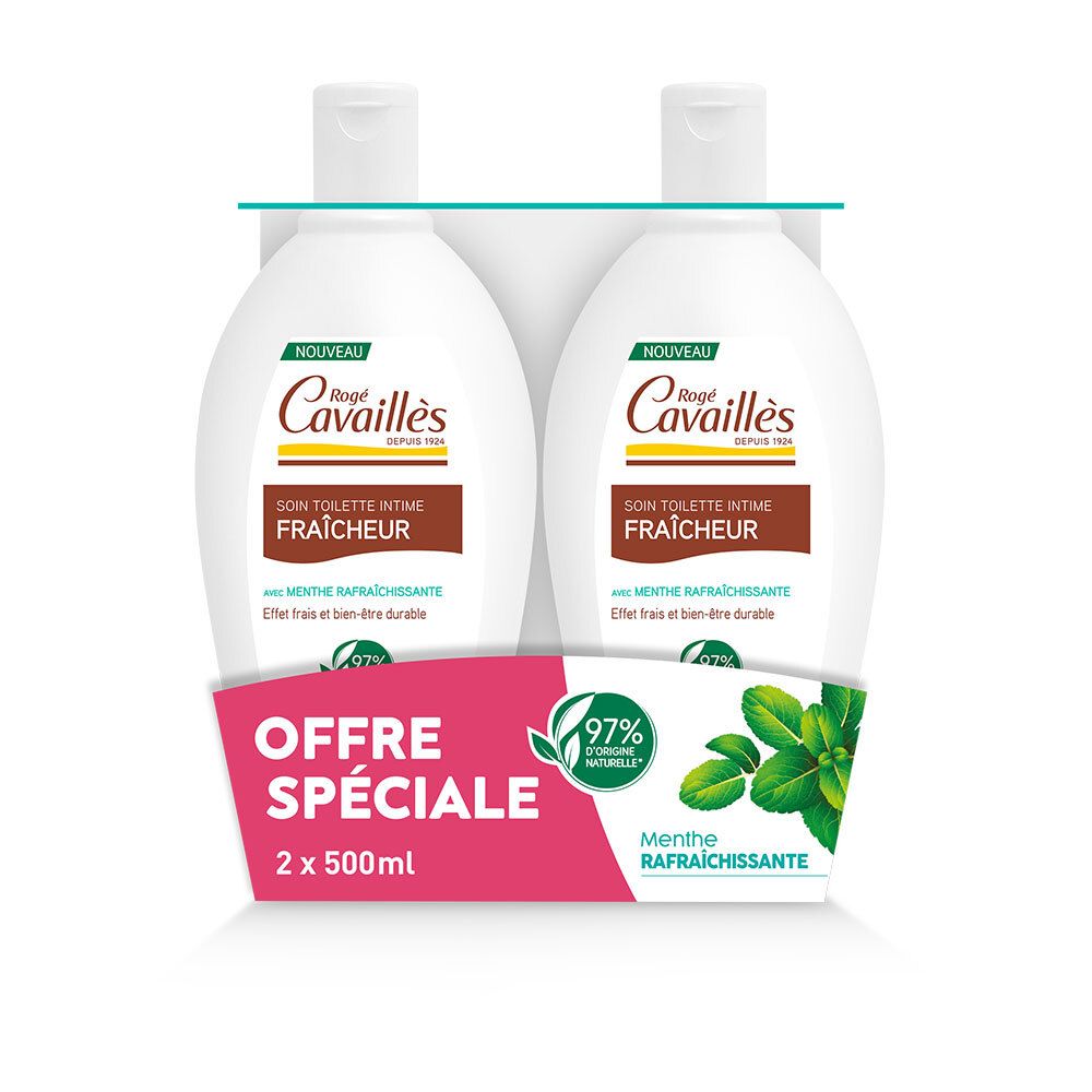 Deux flacons blancs dans un emballage. Inscription: Rogé Cavaillès, Soin Toilette Intime Fraîcheur. Emballage offre spéciale.