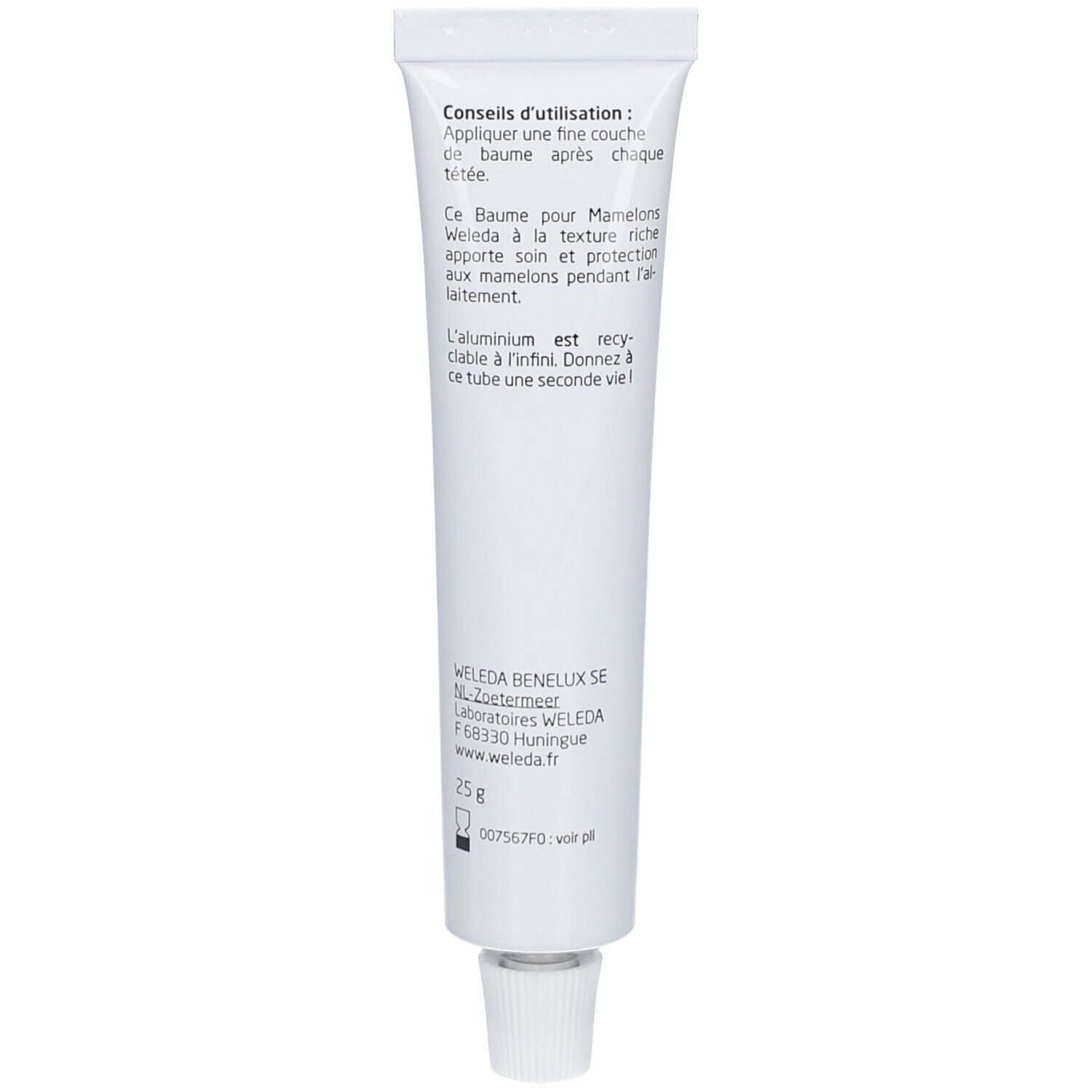 Rückseite der Creme-Tube. Text: Anwendungshinweise, Inhaltsstoffe, Herstellerinformationen und Recycling-Symbol.