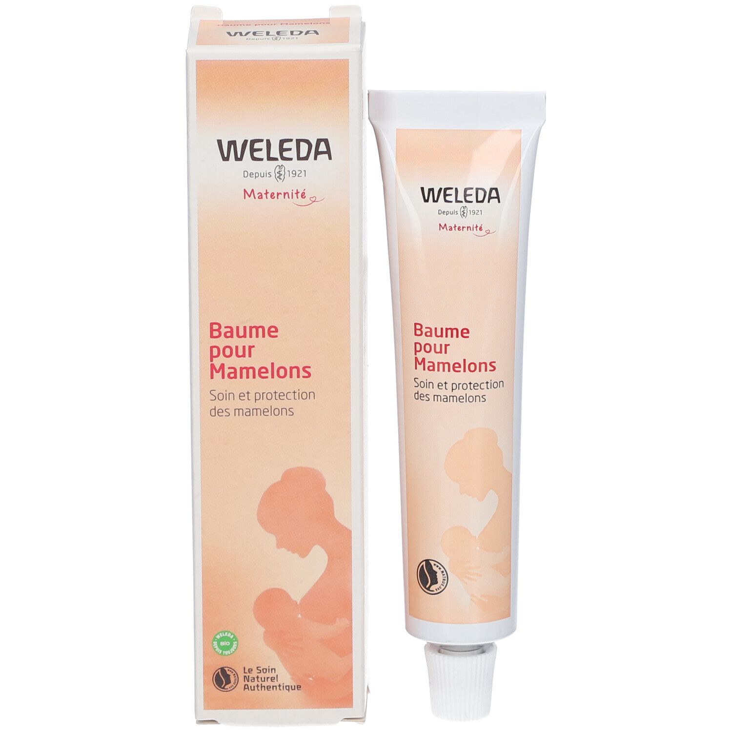 Produktverpackung mit Tube. Aufschrift: Baume pour Mamelons. Logo und Abbildung einer stillenden Mutter. Verpackung und Tube.