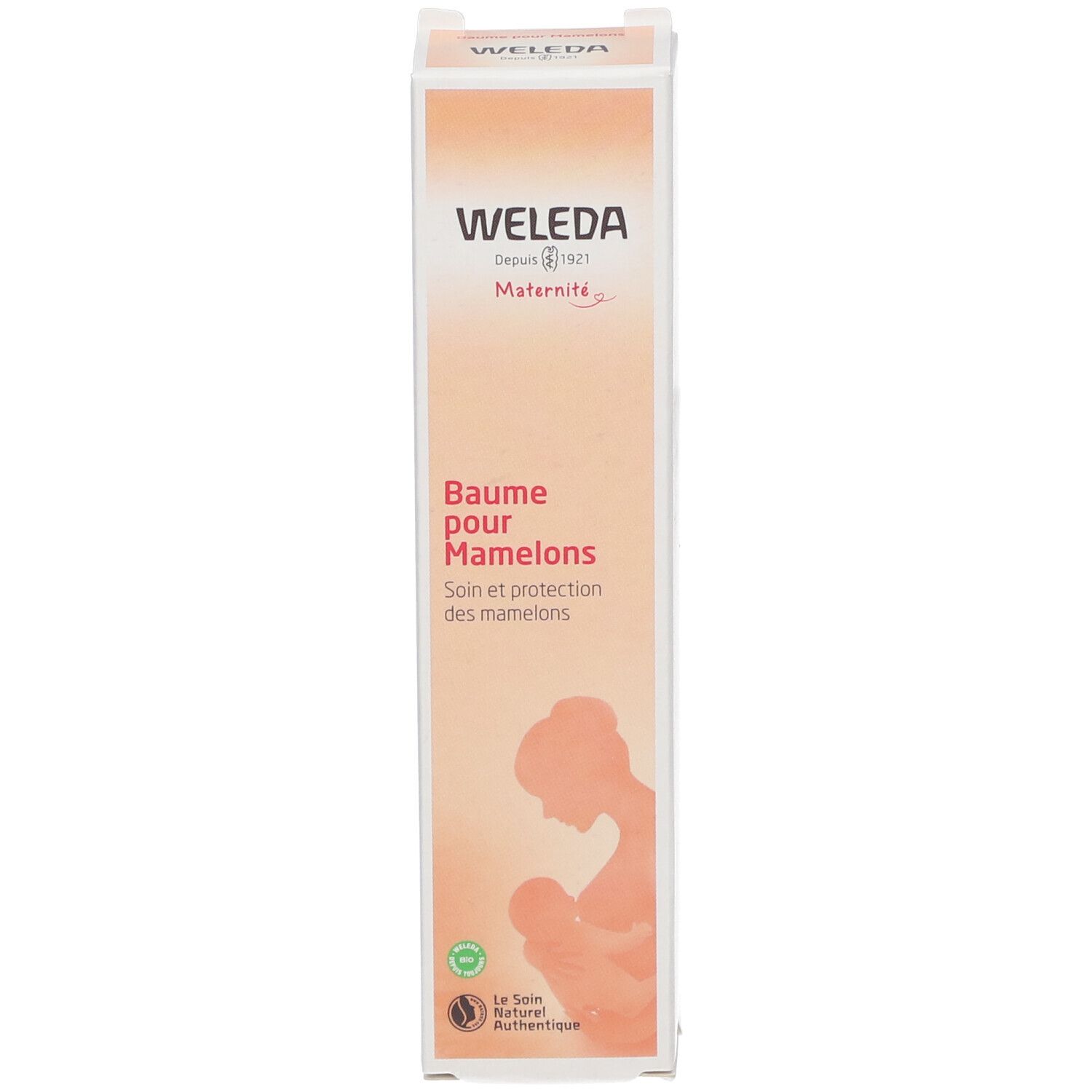 Produktverpackung. Aufschrift: Baume pour Mamelons. Logo und Abbildung einer stillenden Mutter. Verpackung.