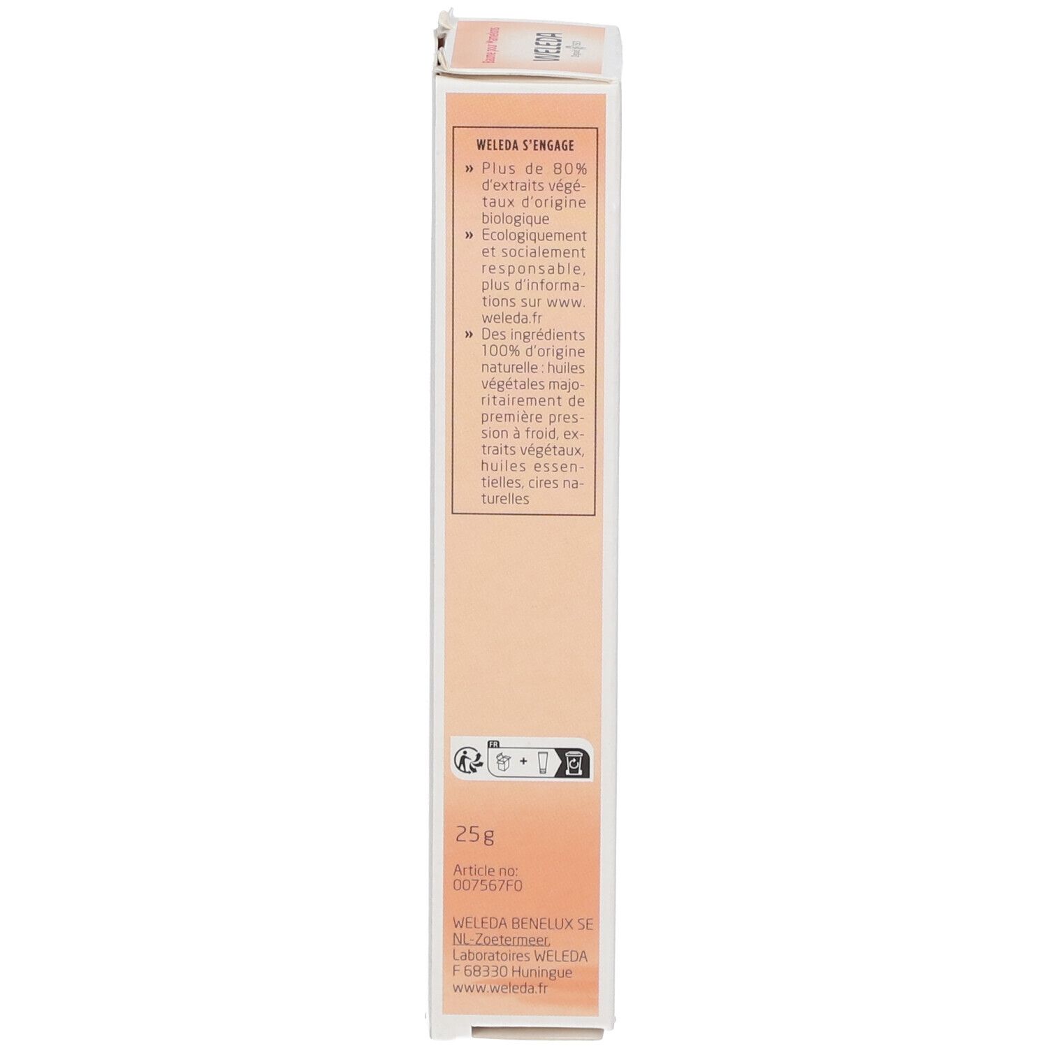 Rückseite der Produktverpackung. Text: Inhaltsstoffe, Herstellerinformationen, Recycling-Symbol und weitere Informationen.