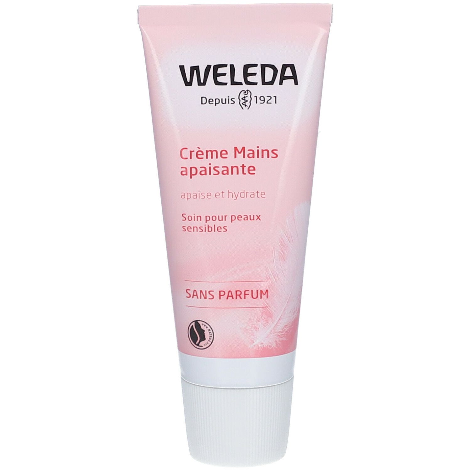Tube rose avec bouchon blanc. Inscription: WELEDA, Crème Mains apaisante, Sans parfum.