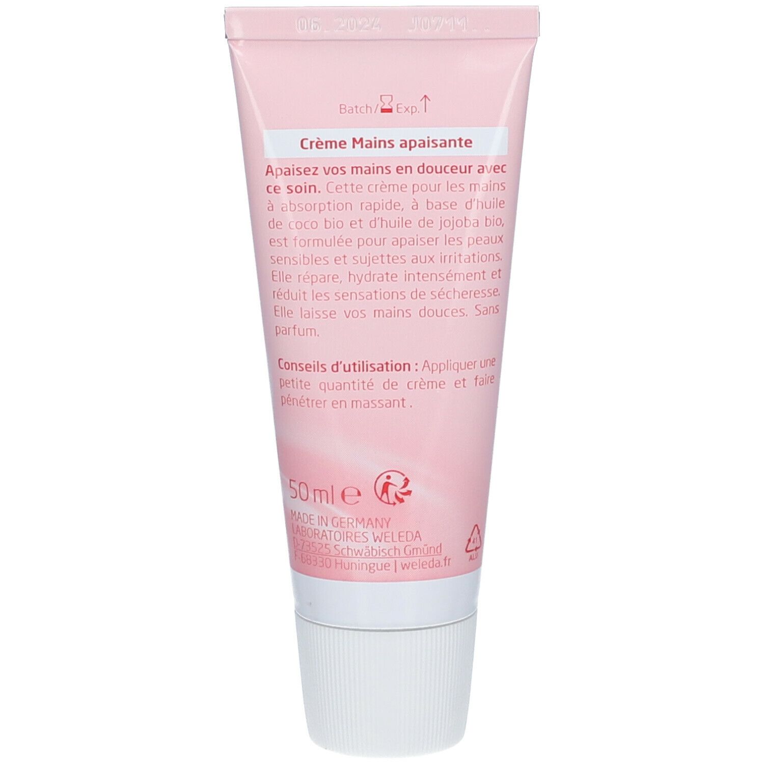 Dos du tube. Texte: Crème Mains apaisante, 50 ml, ingrédients, Fabriqué en Allemagne.
