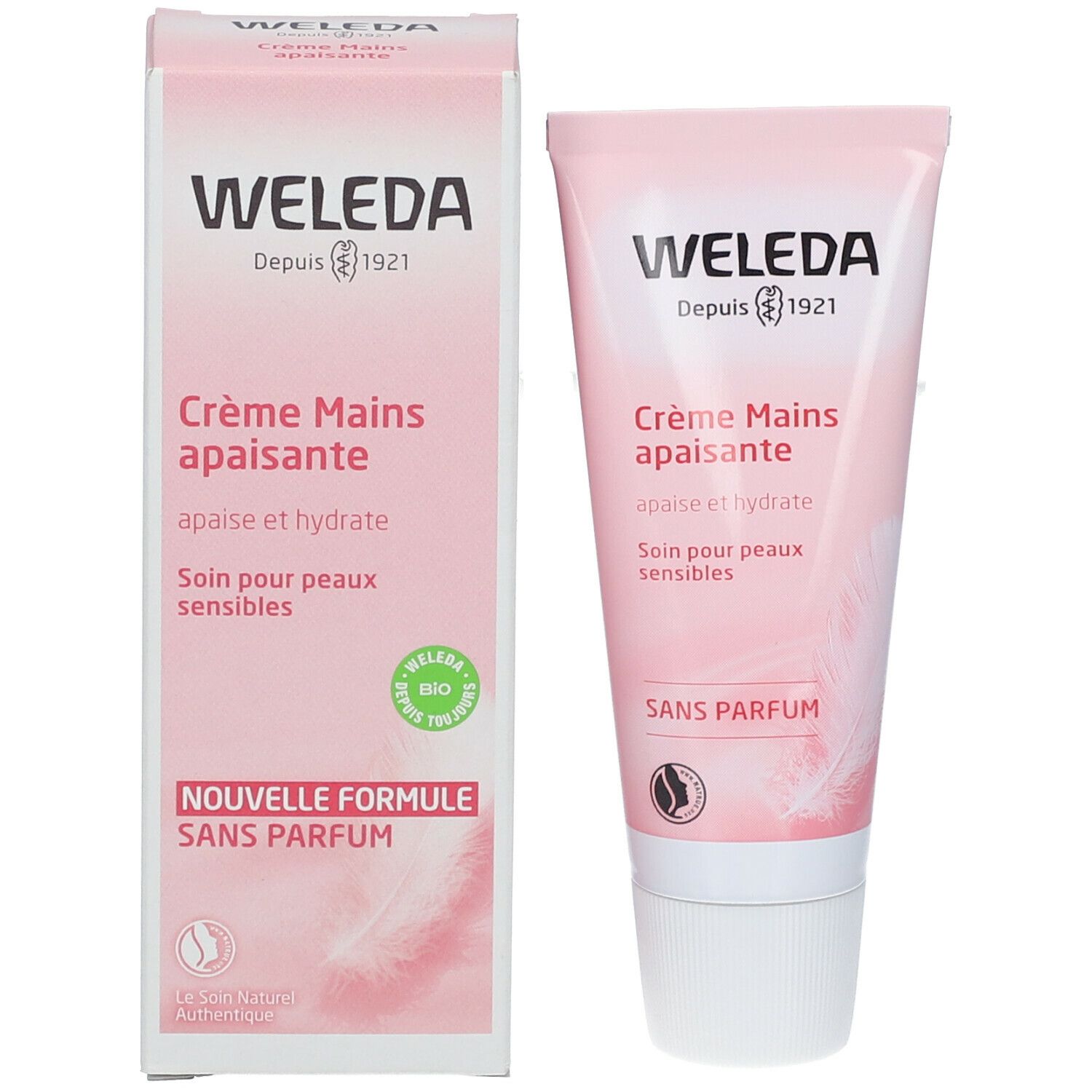 Emballage du produit: tube et boîte. Inscription: WELEDA, Crème Mains apaisante, Sans parfum.