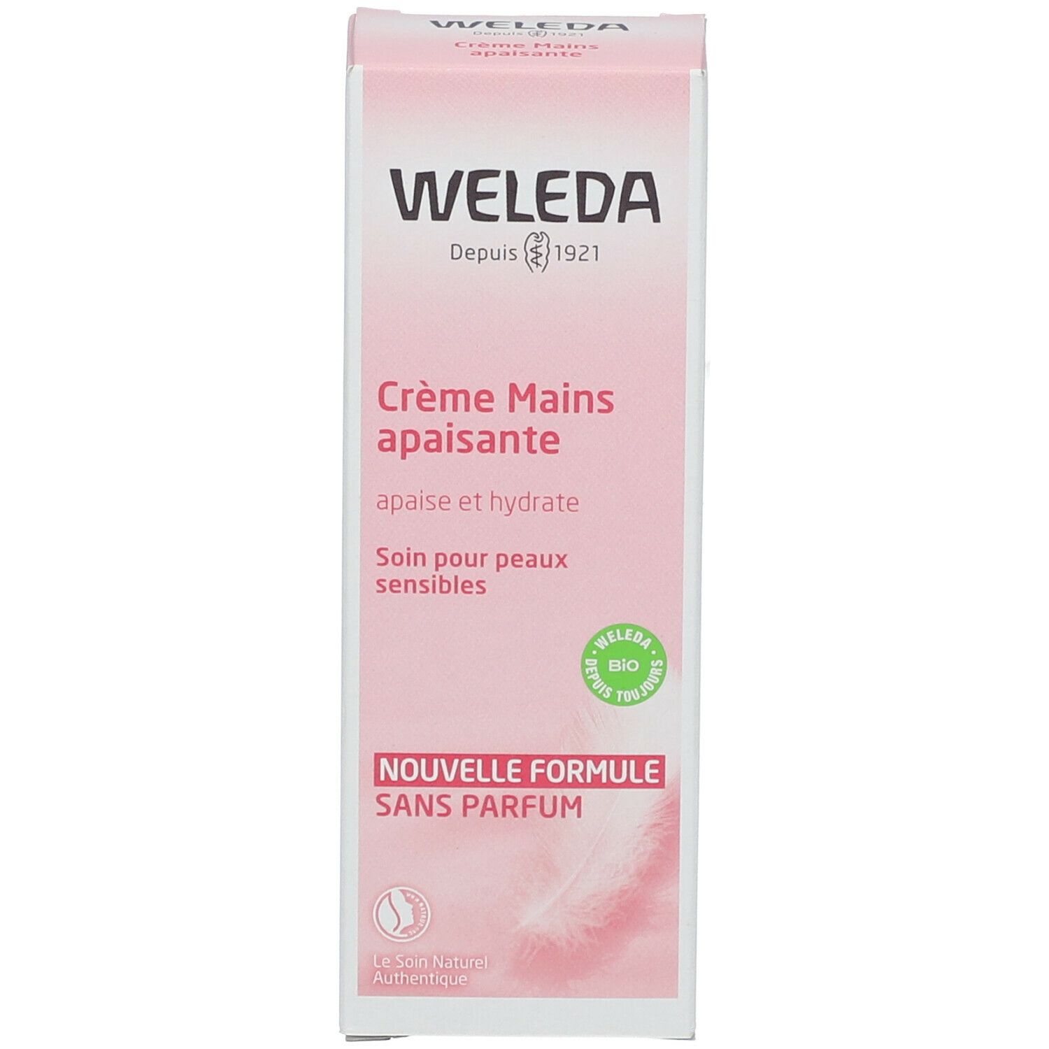 Emballage du produit: boîte. Inscription: WELEDA, Crème Mains apaisante, Sans parfum, label bio.