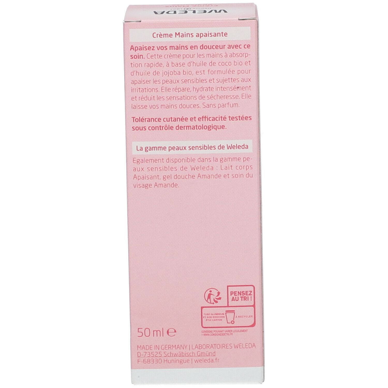 Dos de la boîte. Texte: Crème Mains apaisante, 50 ml, conseils d'utilisation, fabriqué en Allemagne.