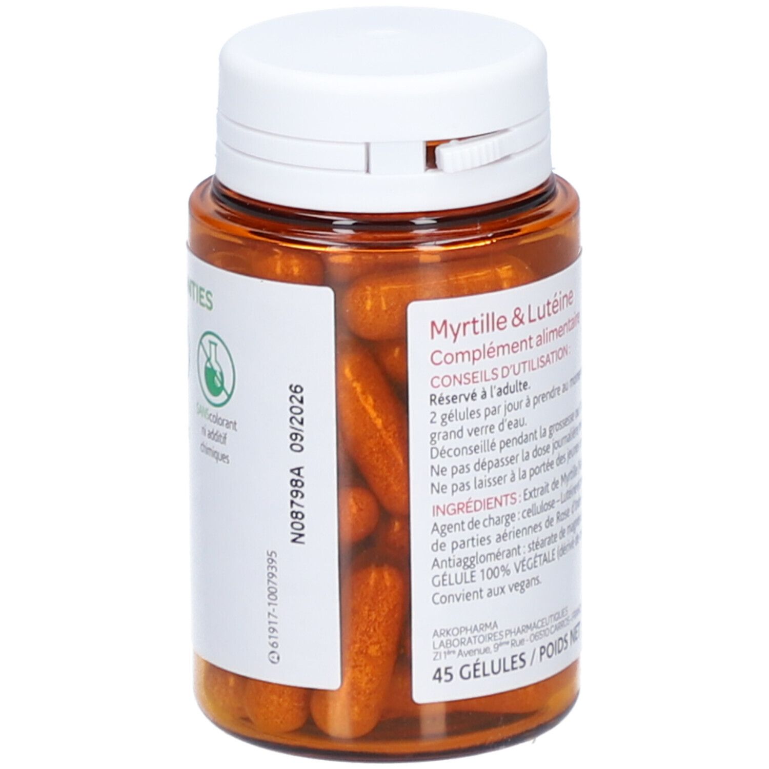 Gélules dans un flacon marron avec bouchon blanc. Étiquette avec informations produit. Marque: Arkopharma. 45 gélules.