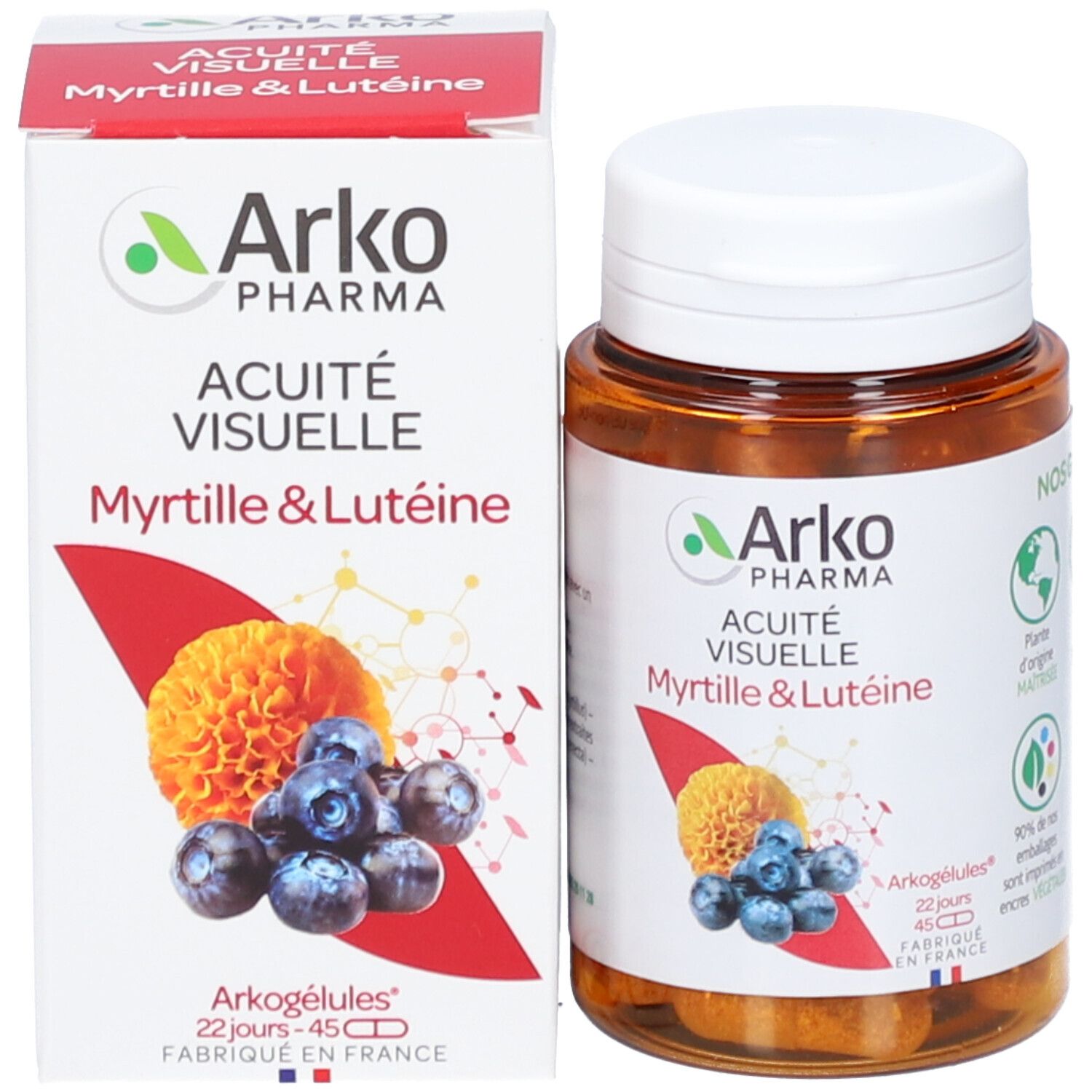 Emballage du produit avec flacon et boîte. Boîte avec nom du produit, myrtilles et illustration de lutéine. Marque: Arkopharma.