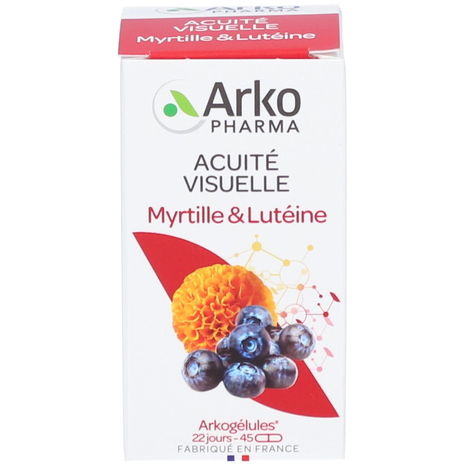 Emballage du produit: boîte avec nom du produit, myrtilles et illustration de lutéine. Marque: Arkopharma. Couleurs rouge et blanc.