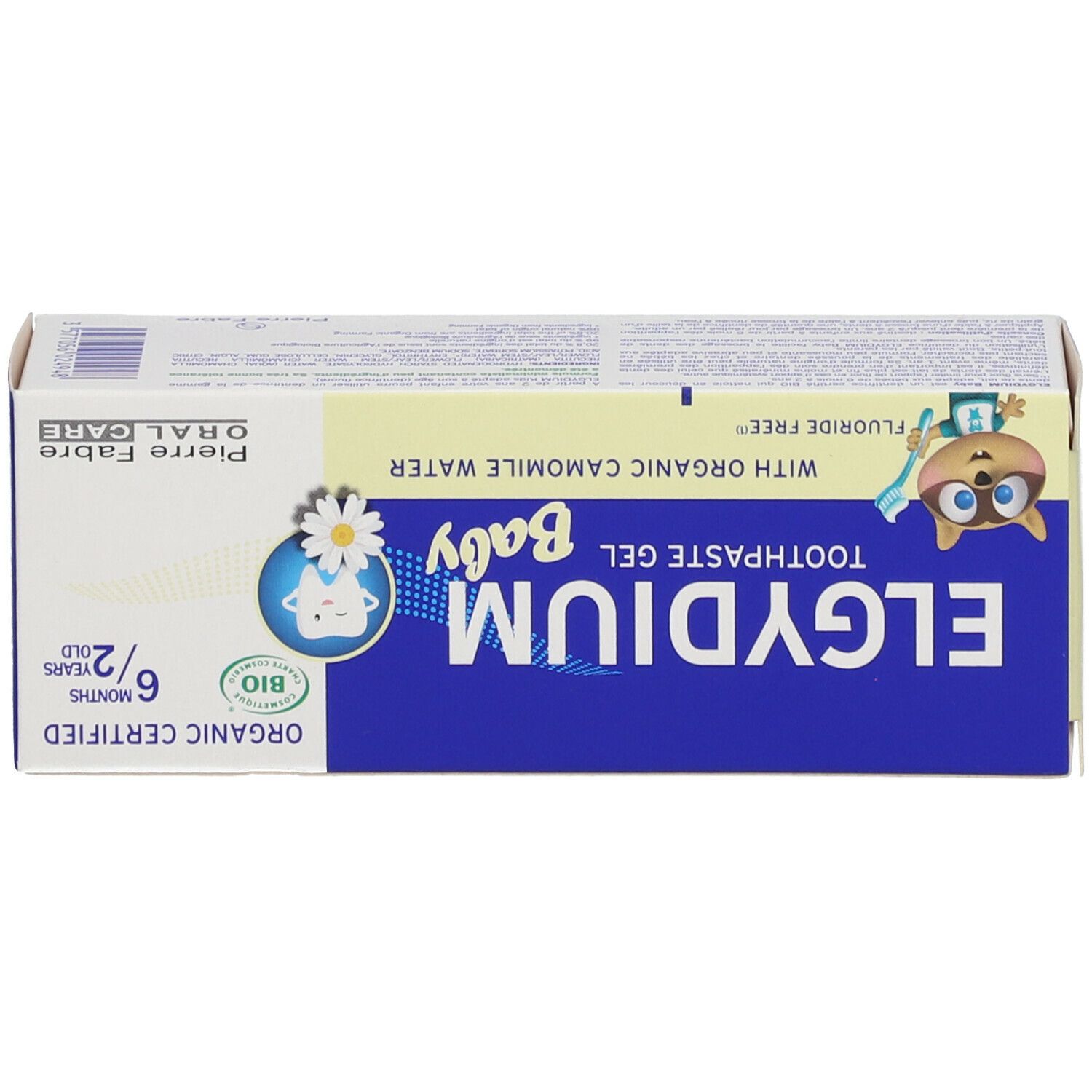 Boîte avec logo ELGYDIUM Baby, certification BIO et illustration de fleur de camomille. Texte bleu et jaune sur fond blanc.