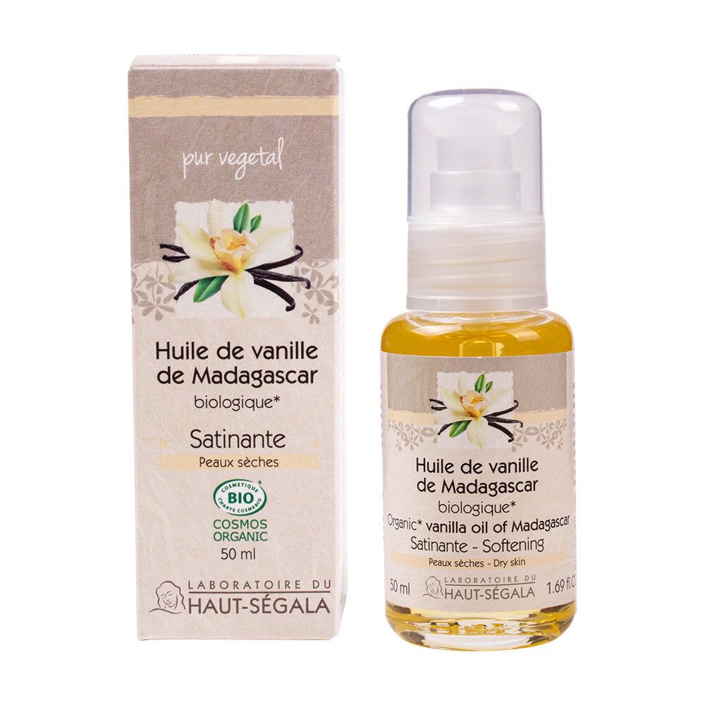 Flacon et boîte d'huile. Inscription: Huile de vanille de Madagascar biologique. 50 ml. Certification bio.