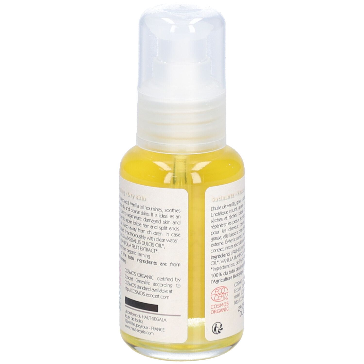 Vue arrière du flacon d'huile. Texte: Huile de vanille de Madagascar biologique. 50 ml. Certification COSMOS ORGANIC.