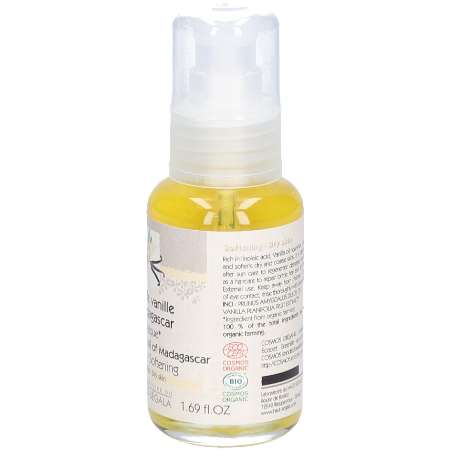 Vue arrière du flacon d'huile. Texte: Huile de vanille de Madagascar biologique. 50 ml. Certification COSMOS ORGANIC.