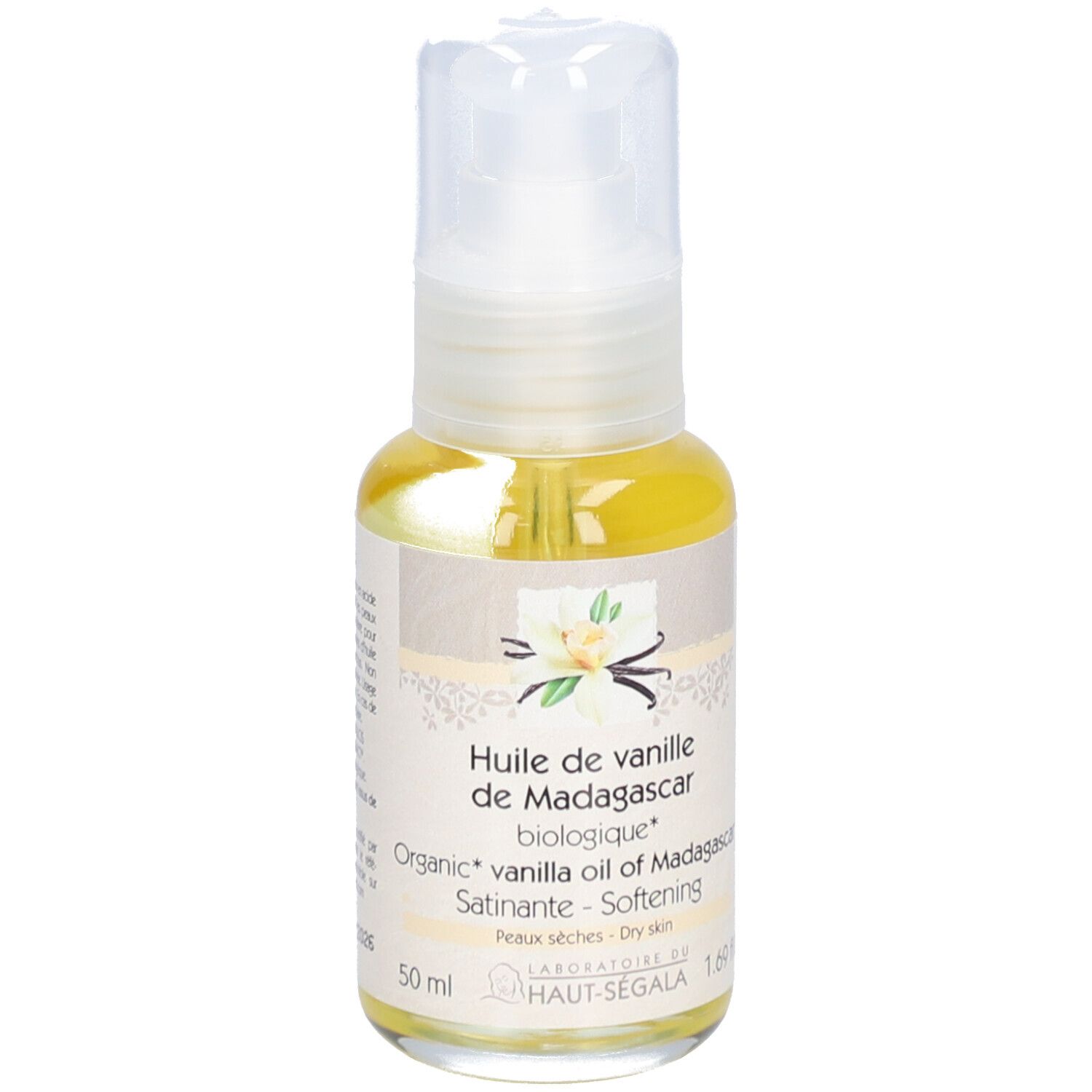 Vue arrière du flacon d'huile. Texte: Huile de vanille de Madagascar biologique. 50 ml. Certification COSMOS ORGANIC.