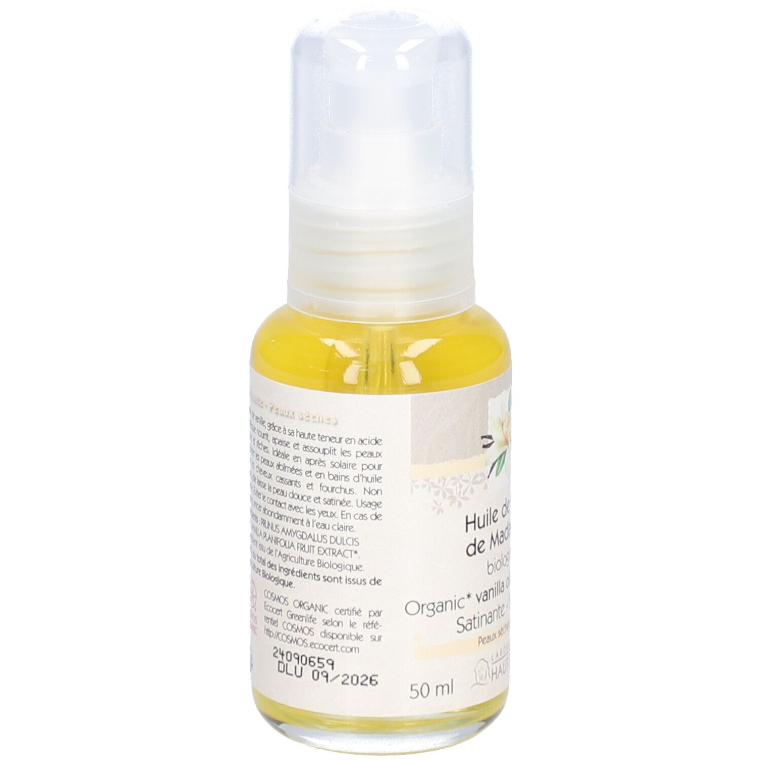 Vue arrière du flacon d'huile. Texte: Huile de vanille de Madagascar biologique. 50 ml. Certification COSMOS ORGANIC.