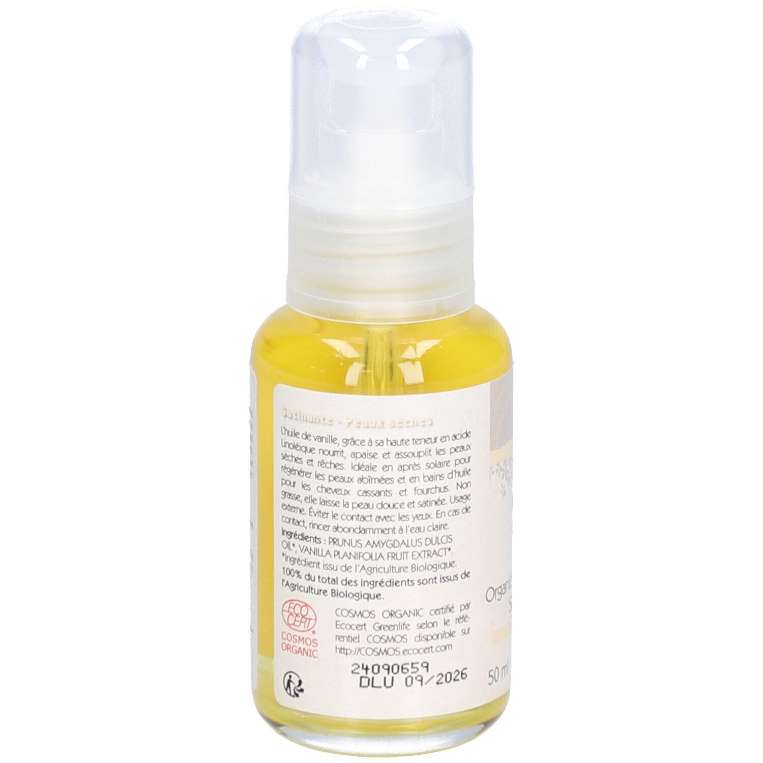 Vue arrière du flacon d'huile. Texte: Huile de vanille de Madagascar biologique. 50 ml. Certification COSMOS ORGANIC.
