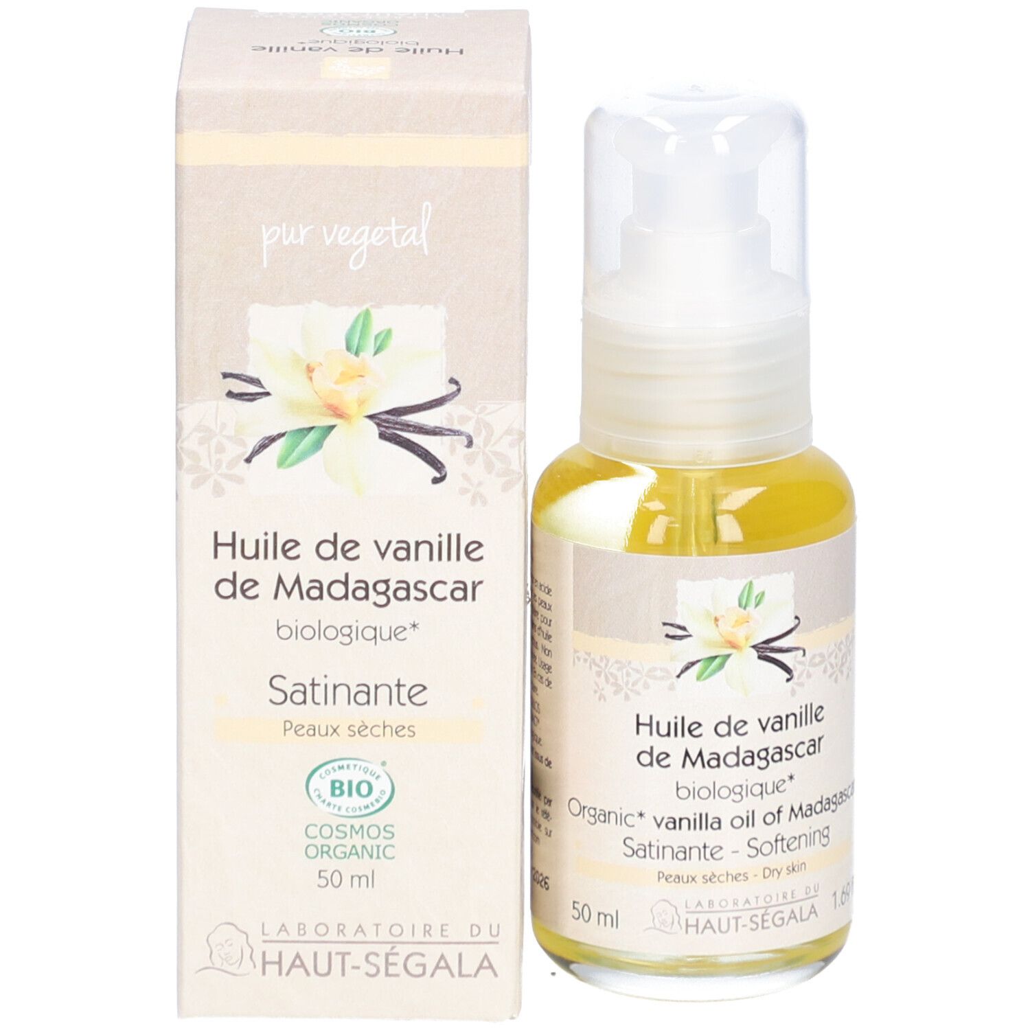 Flacon et boîte d'huile. Inscription: Huile de vanille de Madagascar biologique. 50 ml. Certification bio.