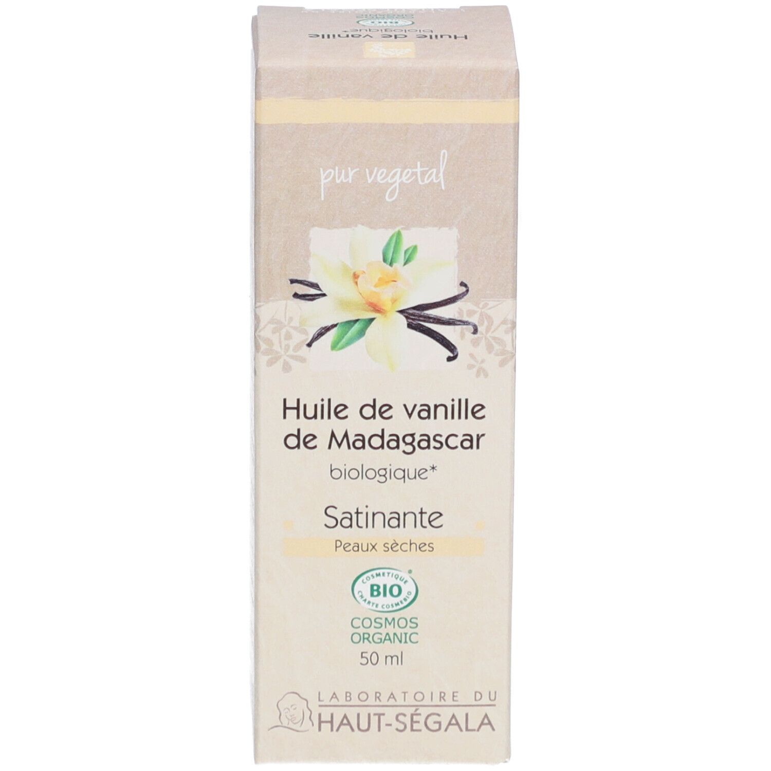 Boîte. Inscription: Huile de vanille de Madagascar biologique. 50 ml. Certification bio.