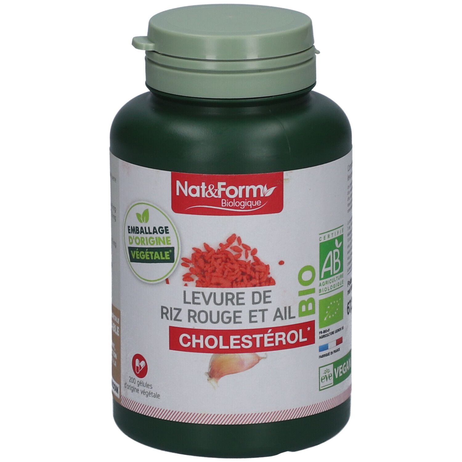 Flacon vert de gélules. Inscription: Levure de Riz Rouge & Ail, BIO, Cholestérol. Labels: AB, Vegan.