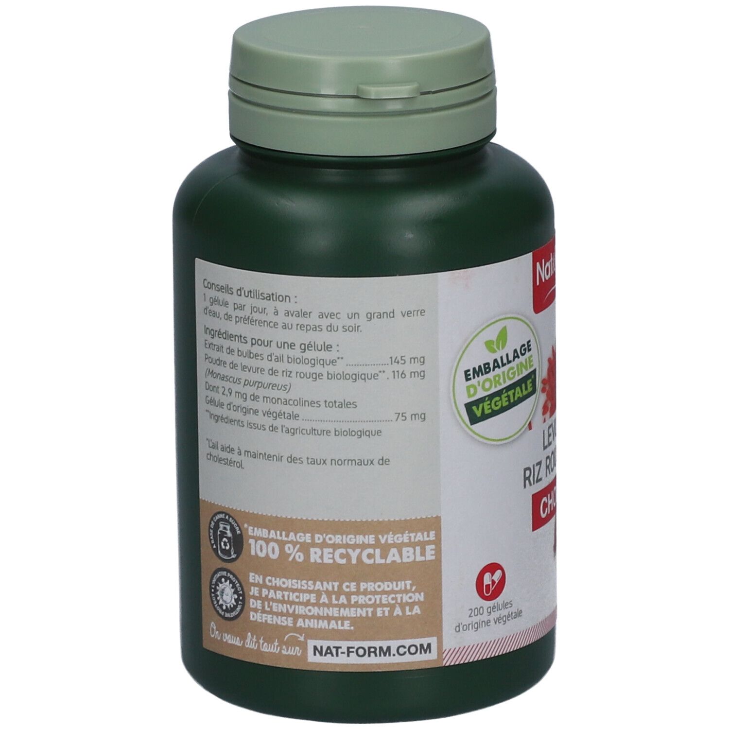 Dos du flacon vert. Texte: ingrédients, conseils d'utilisation. Labels: 100% recyclable, emballage végétal.