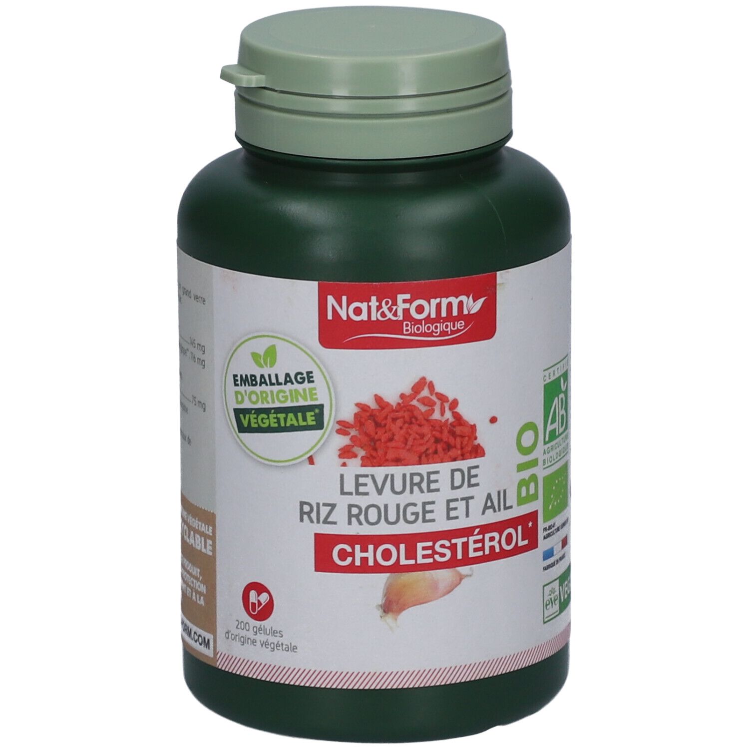 Flacon vert de gélules. Inscription: Levure de Riz Rouge & Ail, BIO, Cholestérol. Labels: AB, Vegan.
