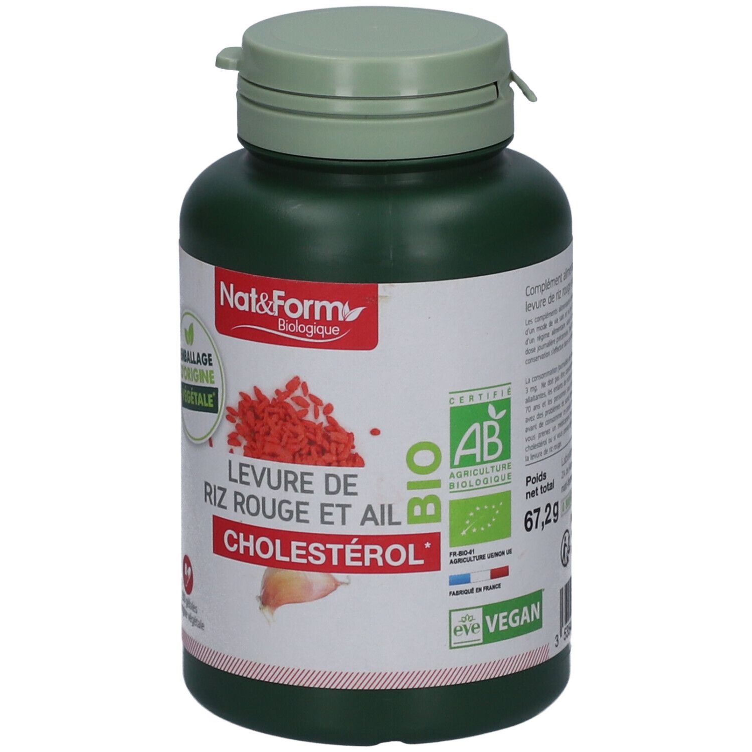 Flacon vert de gélules. Inscription: Levure de Riz Rouge & Ail, BIO, Cholestérol. Labels: AB, Vegan. Poids: 67,2g.