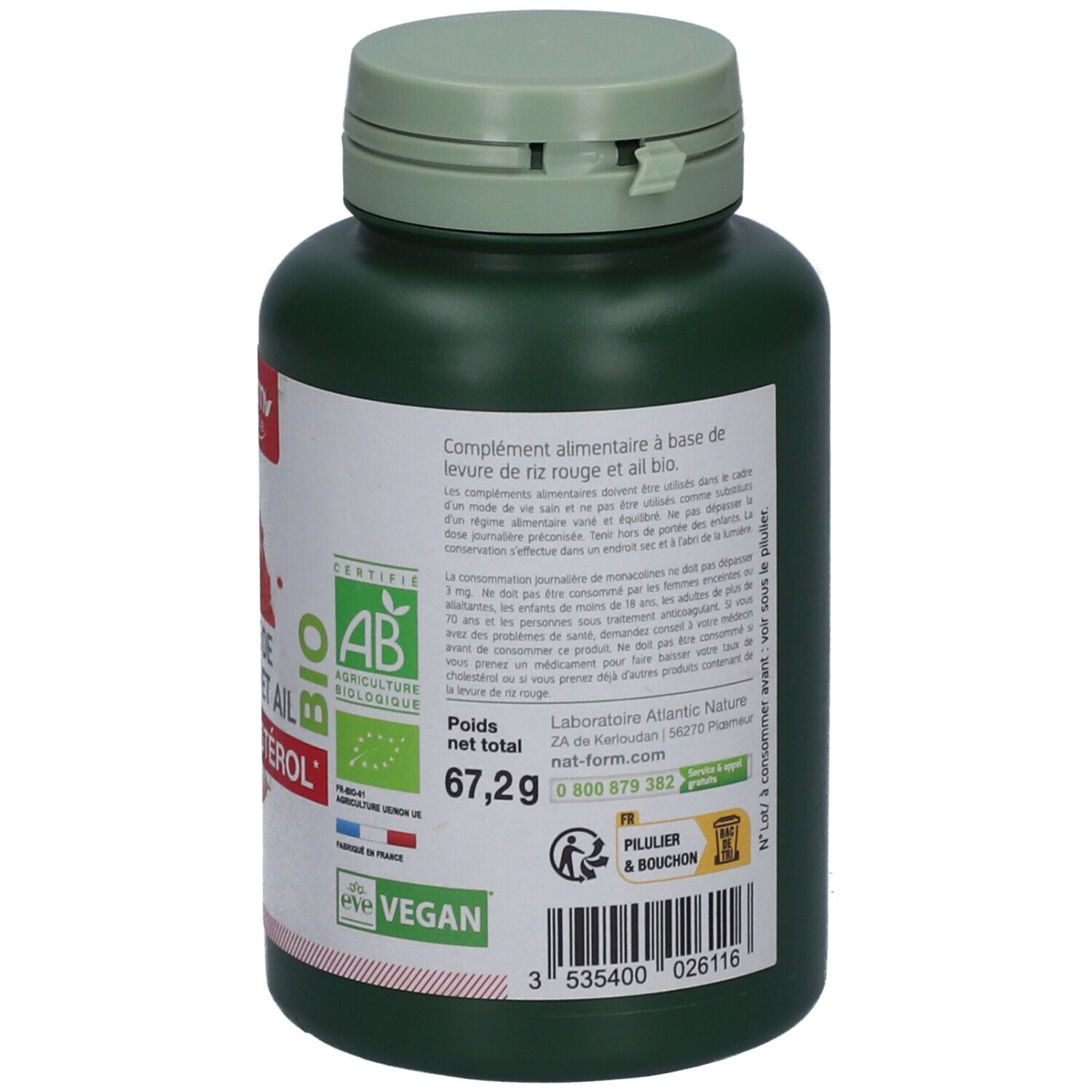Dos du flacon vert. Texte: complément alimentaire, ingrédients, coordonnées. Labels: AB, Vegan.