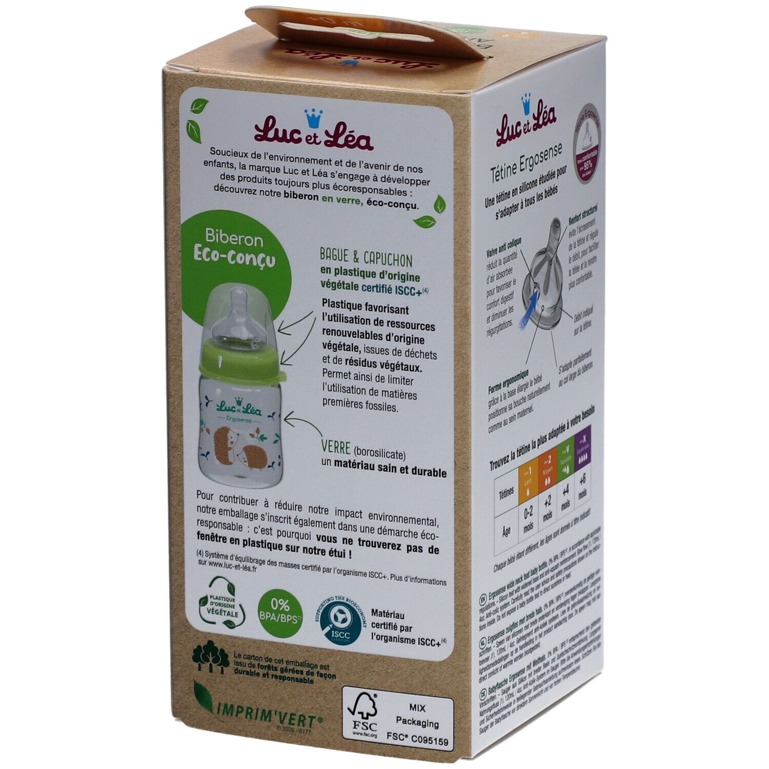 Emballage, vue latérale. Texte: Biberon Eco-conçu, Bagu & capuchon en plastique d'origine végétale. Logo FSC.