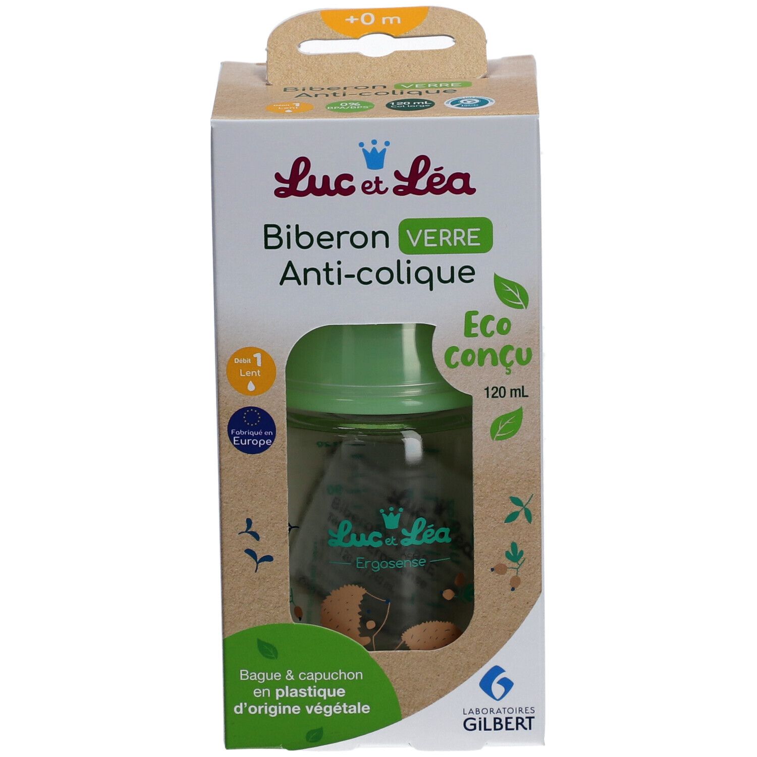 Biberon dans emballage. Capuchon vert, flacon transparent. Texte: Anti-colique, Eco conçu, 120 ml. Logo.