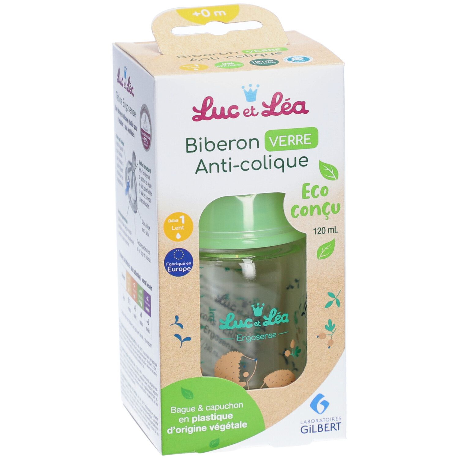 Biberon dans emballage. Capuchon vert, flacon transparent. Texte: Anti-colique, Eco conçu, 120 ml. Logo.