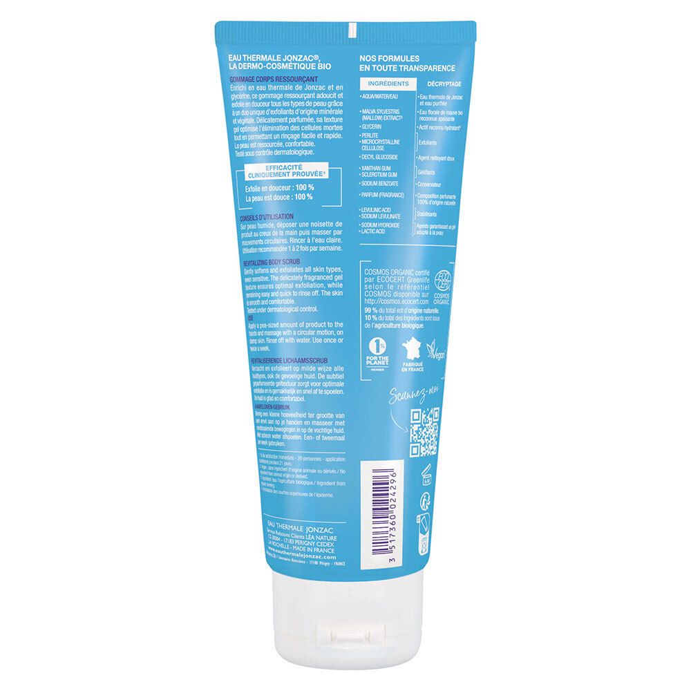 Dos d'un tube bleu clair. Informations textuelles, ingrédients et certifications. Bouchon blanc. Code QR et logo.