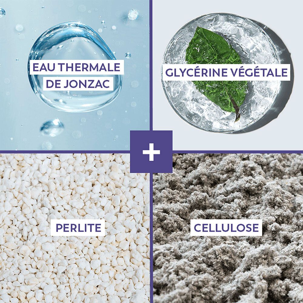 Vier Elemente: Eau Thermale de Jonzac, Glycérine Végétale, Perlite, Cellulose. Text in Französisch.