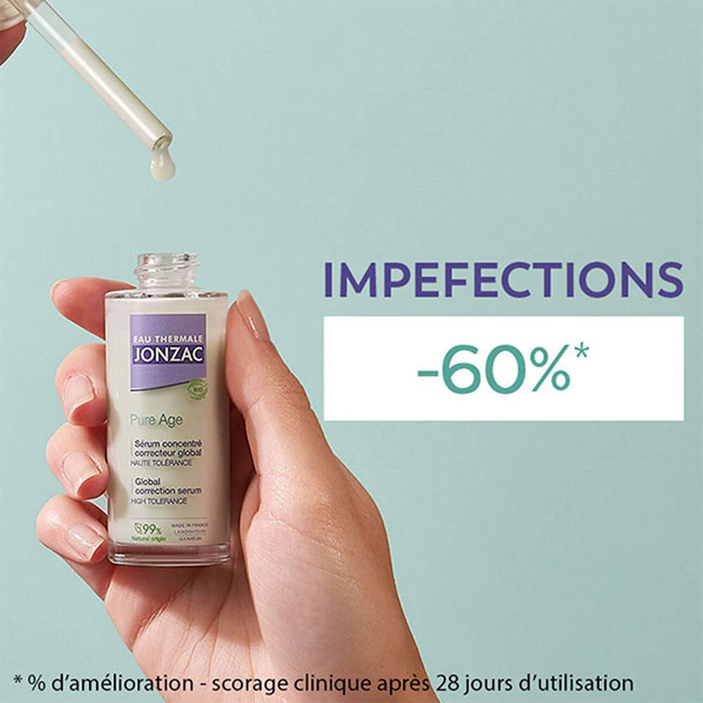 Hand hält Serumflasche mit Pipette. Text: -60%*. Aufschrift: Impefections. *Verbesserung nach 28 Tagen.