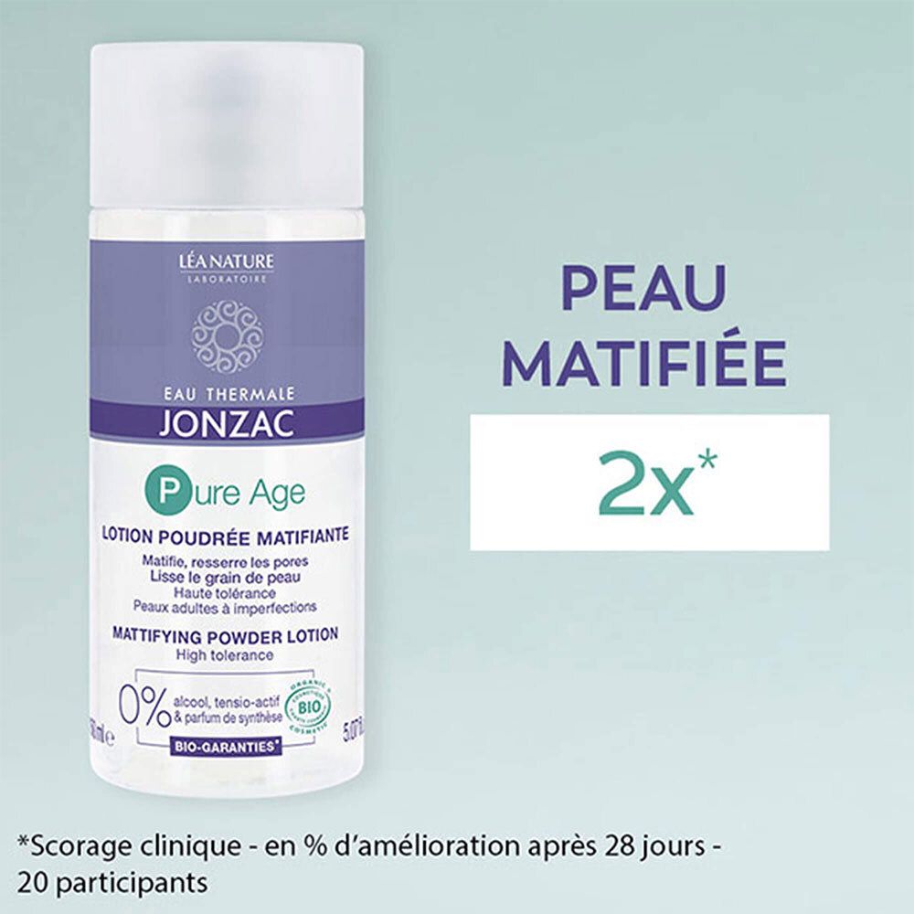 Rückseite der Jonzac Pure Age Lotion. Text: Inhaltsstoffe, COSMOS ORGANIC, Vegan. Flasche aus 100% recyceltem Material.